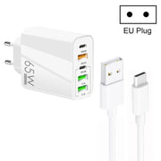 65W Dual PD Type-C + 3 x USB Multi Port Charger with 3A USB to Type-C Data Cable, EU Plug(White)