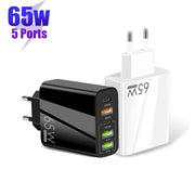 65W Dual PD Type-C + 3 x USB Multi Port Charger with 3A USB to Type-C Data Cable, EU Plug(White)
