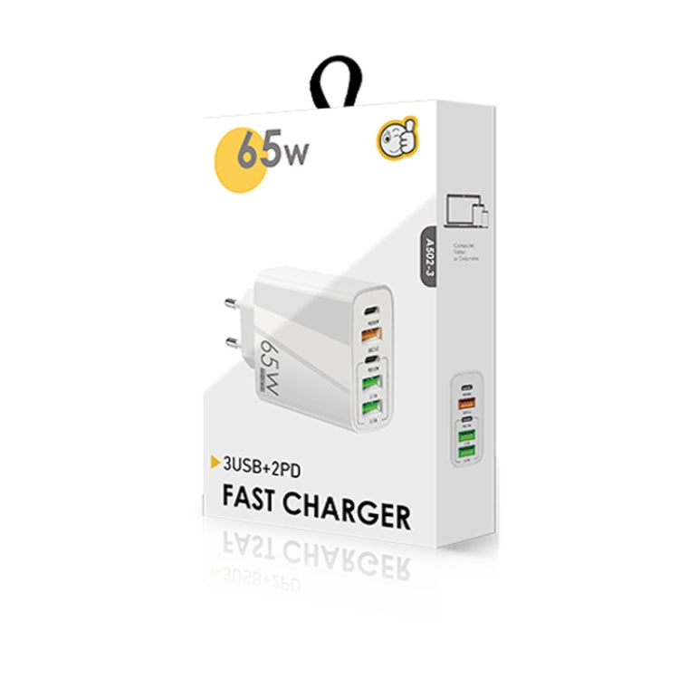65W Dual PD Type-C + 3 x USB Multi Port Charger with 3A USB to Type-C Data Cable, EU Plug(White)