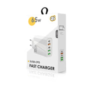 65W Dual PD Type-C + 3 x USB Multi Port Charger with 3A USB to Type-C Data Cable, EU Plug(White)