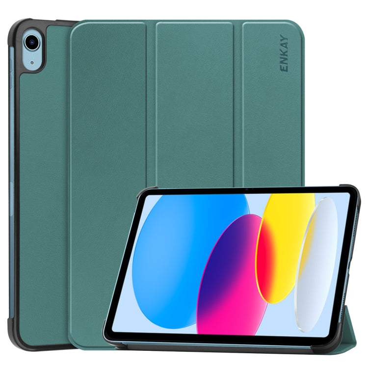 For iPad 2025 / 2022 ENKAY Tri-fold Custer Texture Leather Stand Smart Case(Dark Green)