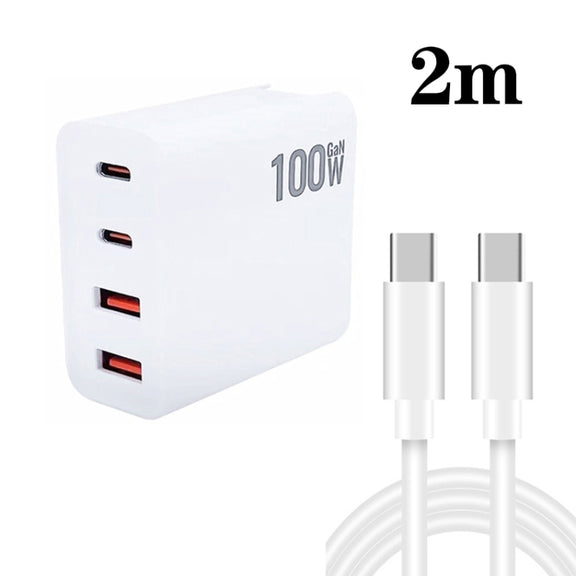 GaN 100W Dual USB + Dual USB-C/Type-C Multi Port Charger with 2m Type-C to Type-C Data Cable Set US Plug