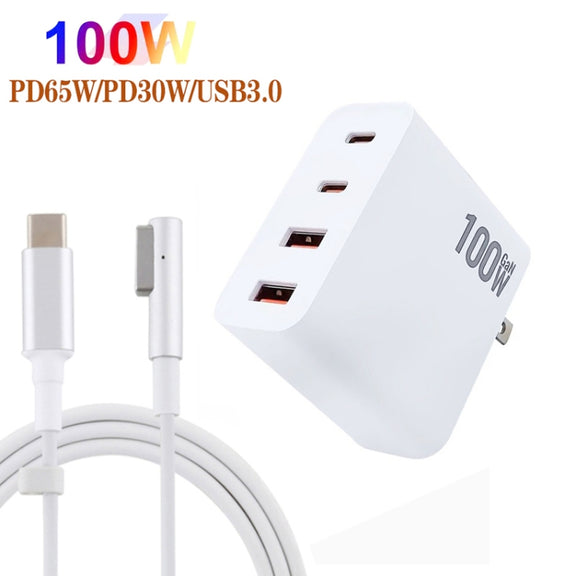 GaN 100W Dual USB+Dual USB-C/Type-C Multi Port Charger with  1.8m Type-C to MagSafe 1 / L Header Data Cable US / EU Plug