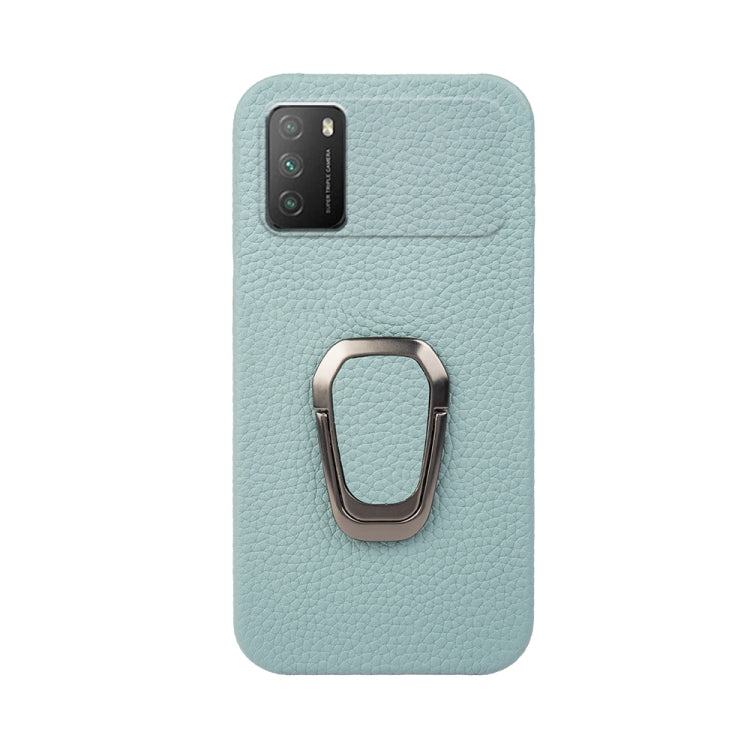 For Xiaomi Poco M3 Ring Holder Litchi Texture Genuine Leather Phone Case(Cyan)