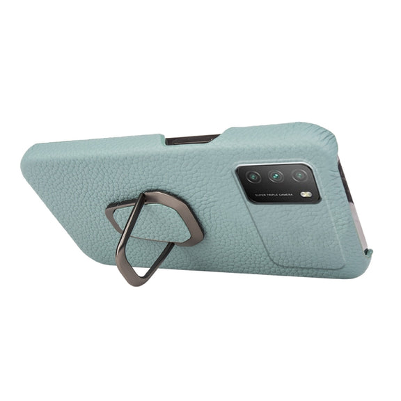 For Xiaomi Poco M3 Ring Holder Litchi Texture Genuine Leather Phone Case(Cyan)