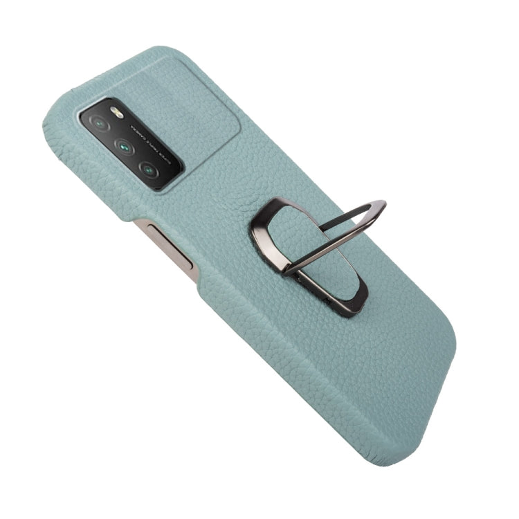 For Xiaomi Poco M3 Ring Holder Litchi Texture Genuine Leather Phone Case(Cyan)