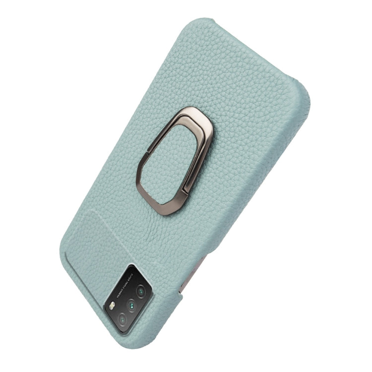 For Xiaomi Poco M3 Ring Holder Litchi Texture Genuine Leather Phone Case(Cyan)