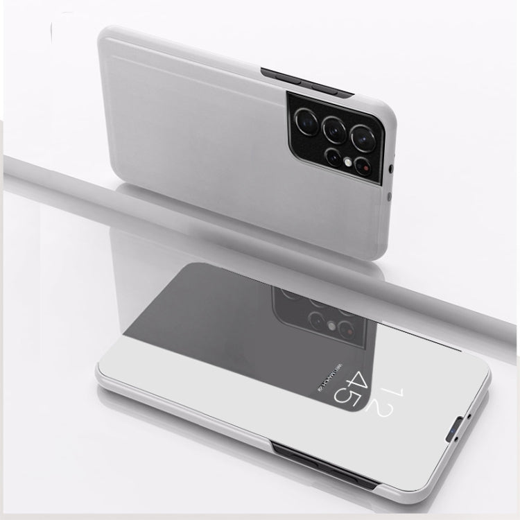 For Samsung Galaxy S23 Ultra 5G Plated Mirror Leather Phone Case with Holder(Silver)