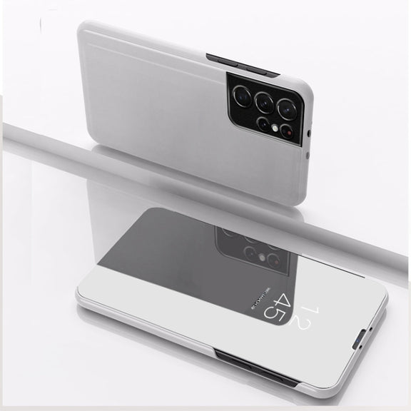 For Samsung Galaxy S23 Ultra 5G Plated Mirror Leather Phone Case with Holder(Silver)
