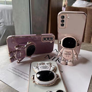 For Samsung Galaxy S21 5G Plating Astronaut Holder Phone Case(Pink)