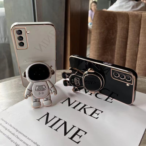For Samsung Galaxy S21 5G Plating Astronaut Holder Phone Case(Pink)