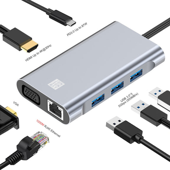JUNSUNMAY 7 in 1 Type-C to 4K HDMI / VGA / 1000M Ethernet Docking Station Adapter USB C Hub