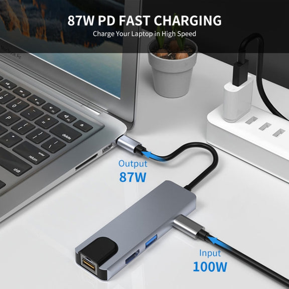 JUNSUNMAY 6 in 1 Type-C to 4K HDMI / Ethernet Docking Station Adapter PD Quick Charge Hub SD/TF Card Reader