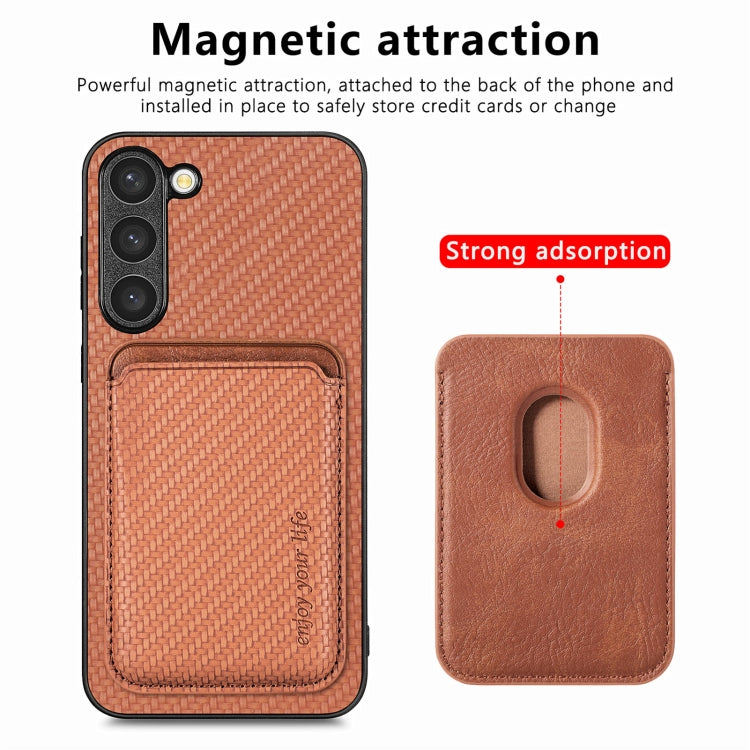For Samsung Galaxy S23 5G Carbon Fiber Leather Card Magsafe Case(Brown)