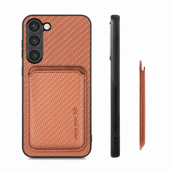 For Samsung Galaxy S23 5G Carbon Fiber Leather Card Magsafe Case(Brown)
