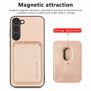 For Samsung Galaxy S23 5G Carbon Fiber Leather Card Magsafe Case(Khaki)