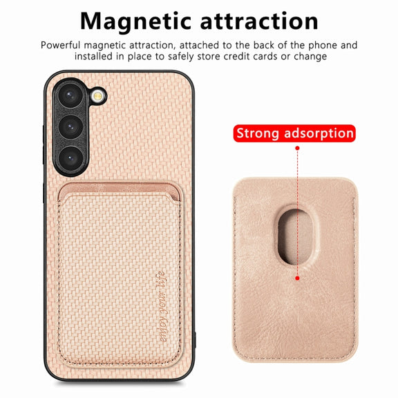 For Samsung Galaxy S23 5G Carbon Fiber Leather Card Magsafe Case(Khaki)