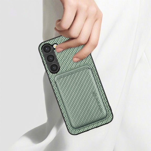 For Samsung Galaxy S23 5G Carbon Fiber Leather Card Magsafe Case(Khaki)