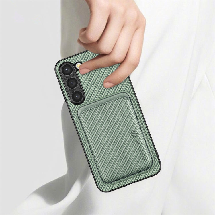 For Samsung Galaxy S23 5G Carbon Fiber Leather Card Magsafe Case(Khaki)