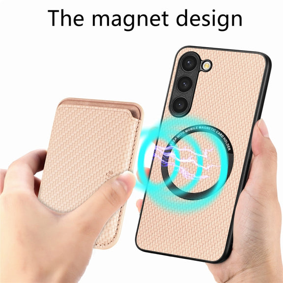 For Samsung Galaxy S23+ 5G Carbon Fiber Leather Card Magsafe Case(Khaki)