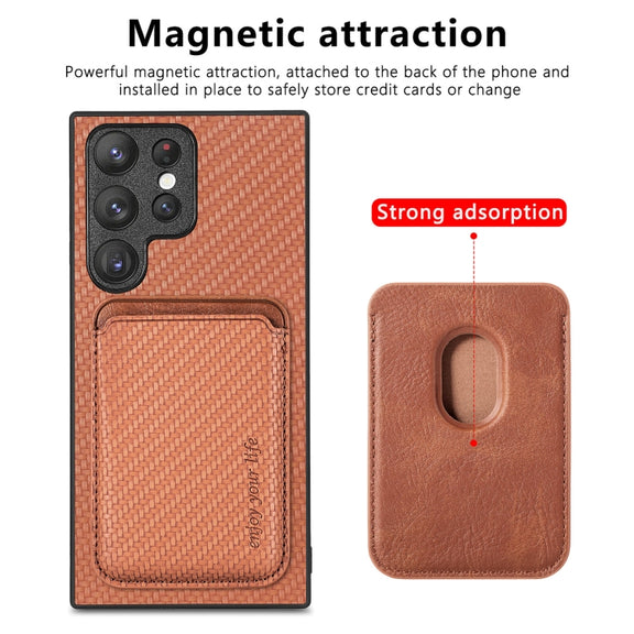 For Samsung Galaxy S23 Ultra 5G Carbon Fiber Leather Card Magsafe Case(Brown)