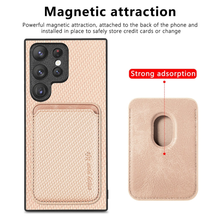 For Samsung Galaxy S23 Ultra 5G Carbon Fiber Leather Card Magsafe Case(Khaki)