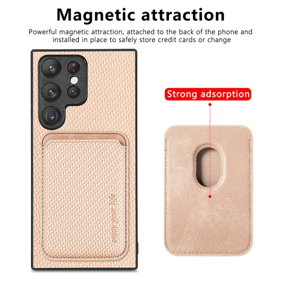 For Samsung Galaxy S23 Ultra 5G Carbon Fiber Leather Card Magsafe Case(Khaki)