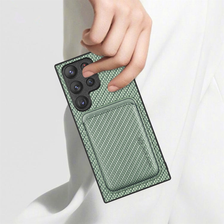 For Samsung Galaxy S23 Ultra 5G Carbon Fiber Leather Card Magsafe Case(Khaki)