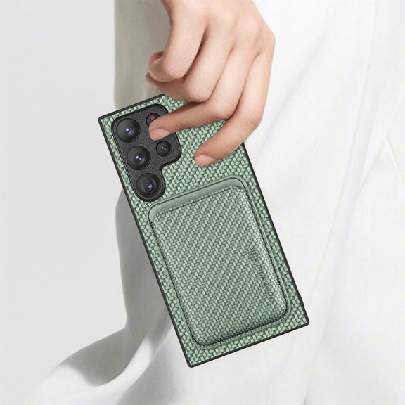 For Samsung Galaxy S23 Ultra 5G Carbon Fiber Leather Card Magsafe Case(Khaki)