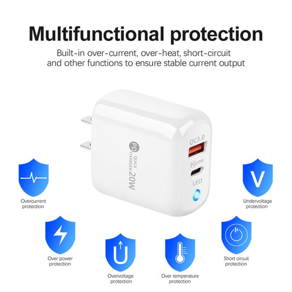 PD04 PD20W Type-C + QC18W USB Mobile Phone Charger with LED Indicator, US Plug(Black)
