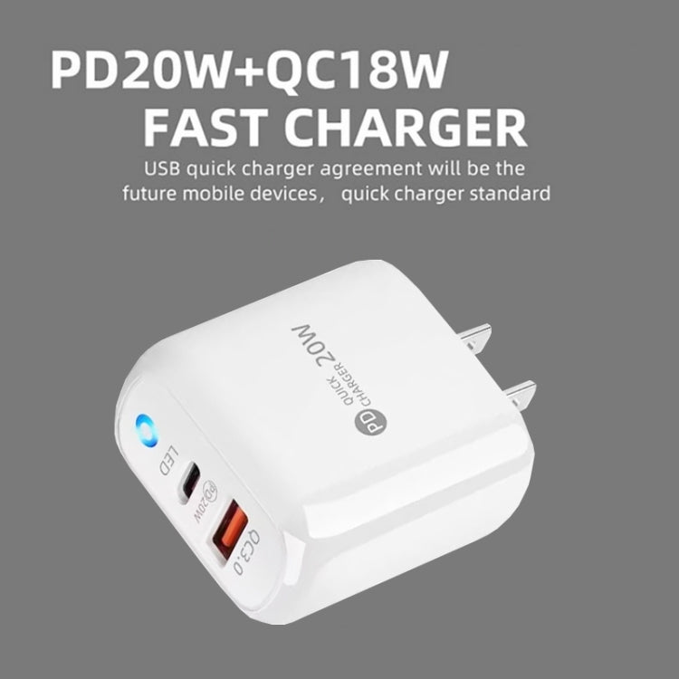PD04 PD20W Type-C + QC18W USB Mobile Phone Charger with LED Indicator, US Plug(White)