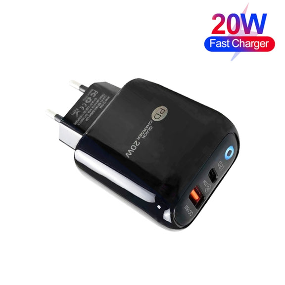 PD04 PD20W Type-C + QC18W USB Mobile Phone Charger with LED Indicator, EU Plug(Black)