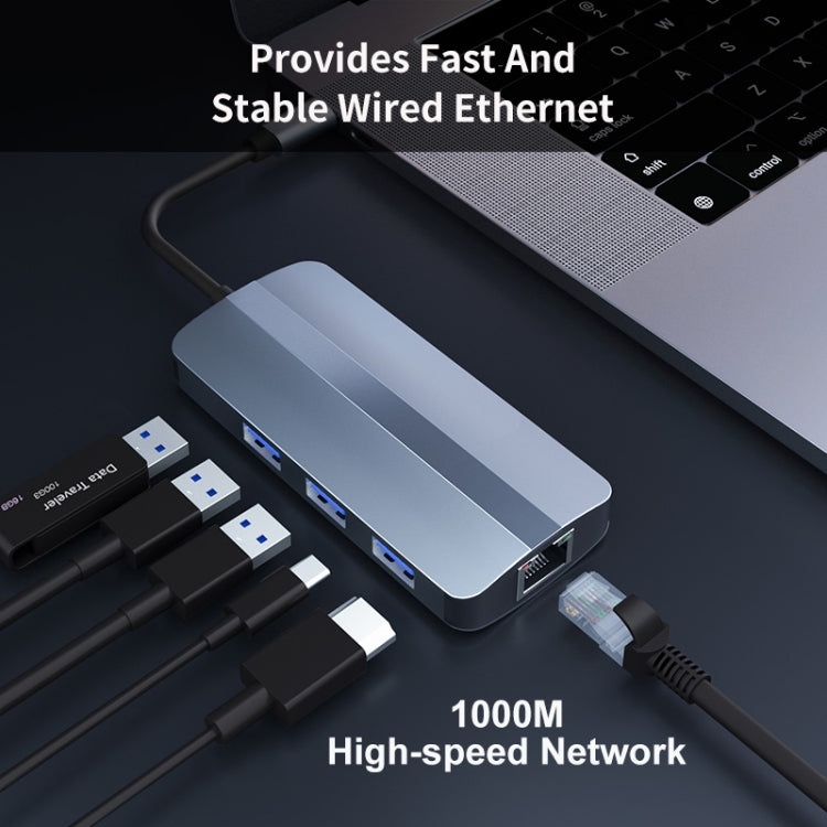 JUNSUNMAY 6 in 1 Type-C to 4K HDMI + 1000M RJ45 Ethernet Hub Docking Station Adapter
