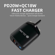 PD04 PD20W Type-C + QC18W USB Mobile Phone Charger with LED Indicator, UK Plug(Black)