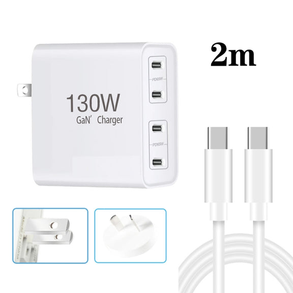 130W USB-C/Type-C Four Port GaN Charger with 2m USB-C/Type-C to USB-C/Type-C Data Cable Set EU / UK / AU / US Plug