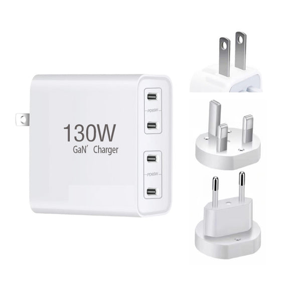 130W USB-C/Type-C Four Port GaN Charger with 2m USB-C/Type-C to USB-C/Type-C Data Cable Set EU / UK / AU / US Plug