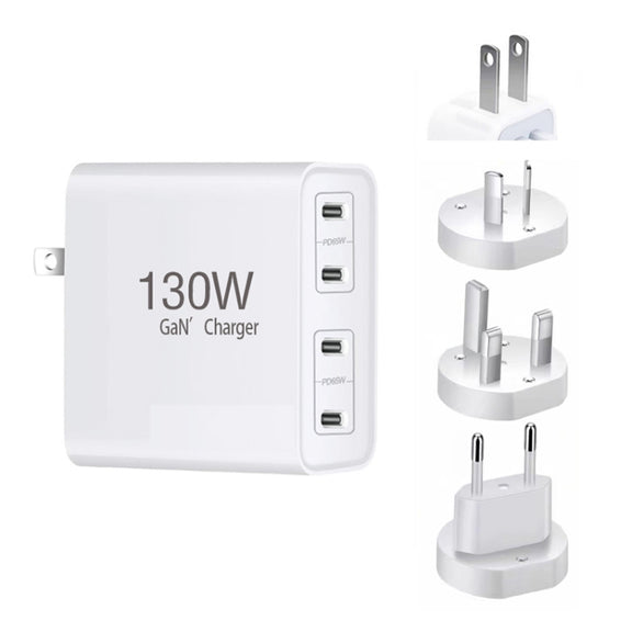 130W USB-C/Type-C Four Port GaN Charger with 2m USB-C/Type-C to USB-C/Type-C Data Cable Set EU / UK / AU / US Plug