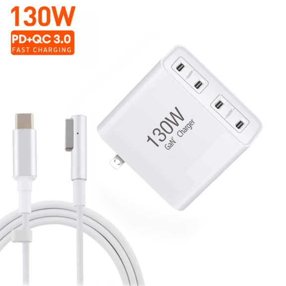 GaN 130W 4-Port USB-C PD65W / PD30W Multi Port Type-C Charger with  1.8m Type-C to MagSafe 1 / L Header Data Cable US Plug