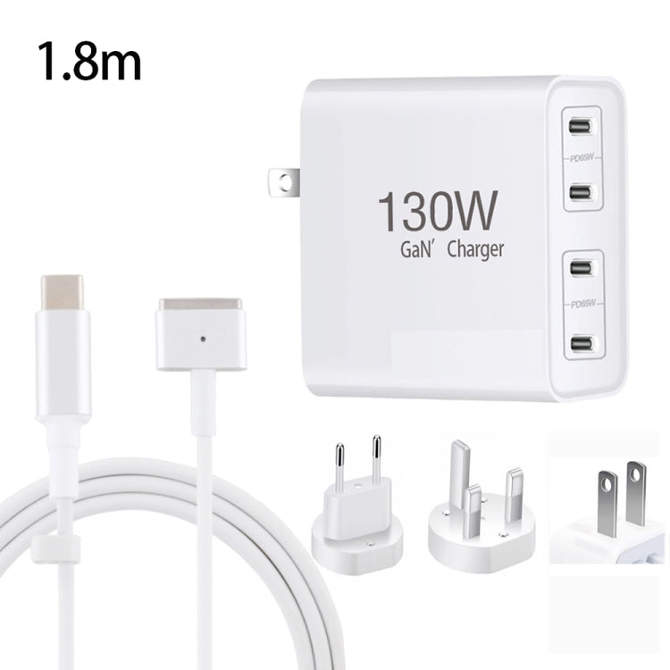 GaN 130W 4-Port USB-C PD65W / PD30W Multi Port Type-C Charger with  1.8m Type-C to MagSafe 2 / T Header Data Cable US / EU / UK Plug