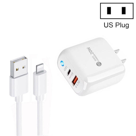PD04 Type-C + USB Mobile Phone Charger with USB to 8 Pin Cable, US Plug(White)