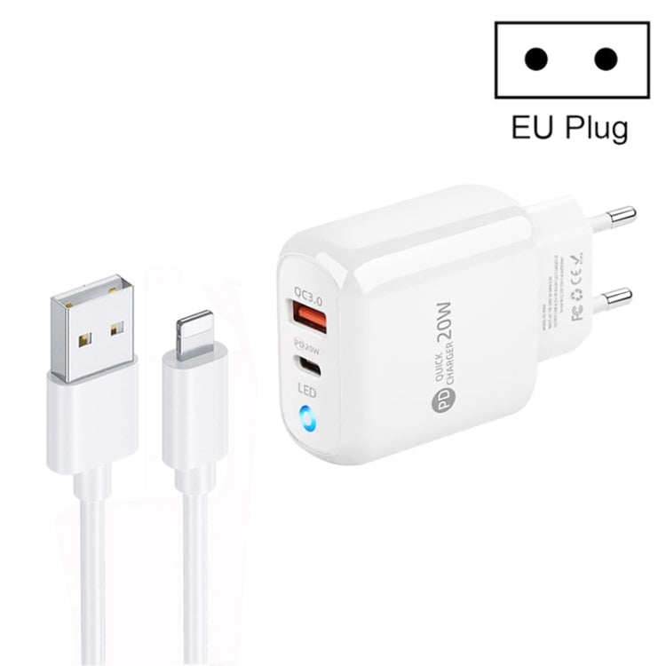 PD04 Type-C + USB Mobile Phone Charger with USB to 8 Pin Cable, EU Plug(White)