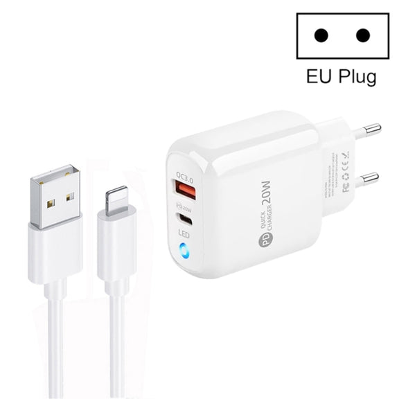 PD04 Type-C + USB Mobile Phone Charger with USB to 8 Pin Cable, EU Plug(White)