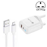 PD04 Type-C + USB Mobile Phone Charger with USB to 8 Pin Cable, UK Plug(White)