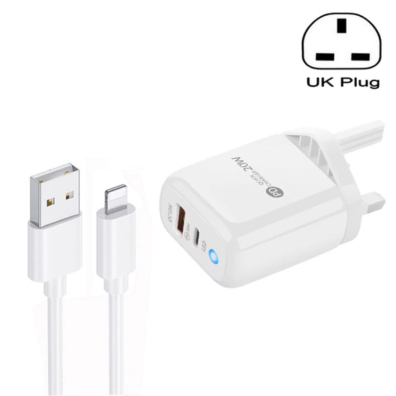 PD04 Type-C + USB Mobile Phone Charger with USB to 8 Pin Cable, UK Plug(White)