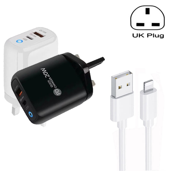 PD04 Type-C + USB Mobile Phone Charger with USB to 8 Pin Cable, UK Plug(Black)