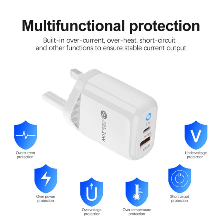 PD04 Type-C + USB Mobile Phone Charger with USB to 8 Pin Cable, UK Plug(White)