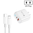 PD04 Type-C + USB Mobile Phone Charger with Type-C to 8 Pin Cable, US Plug(White) - free shipping - PMC TechLife - Order now!