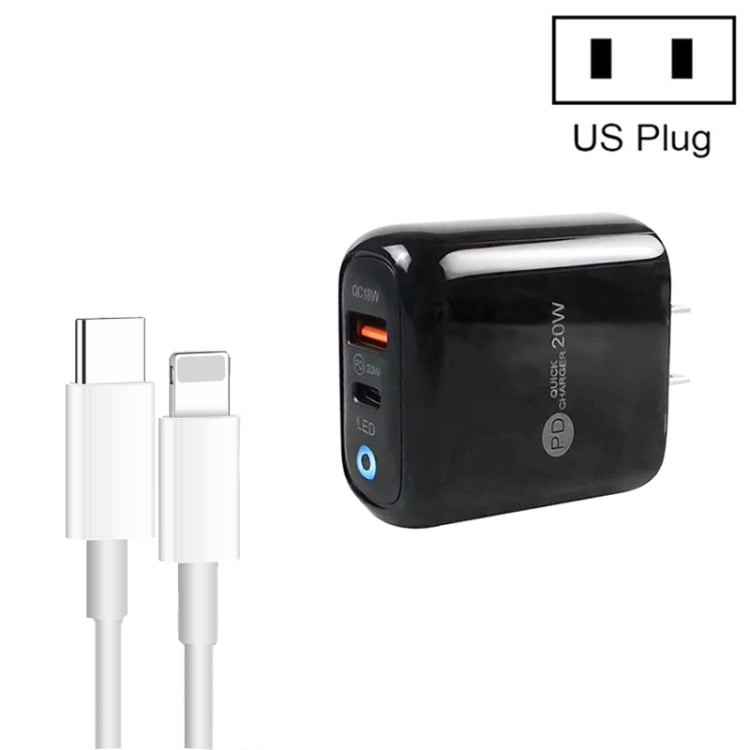PD04 Type-C + USB Mobile Phone Charger with Type-C to 8 Pin Cable, US Plug(Black)
