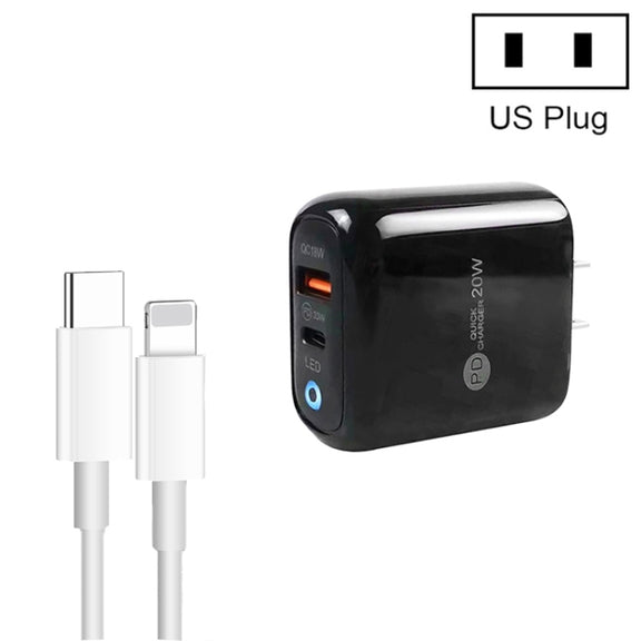 PD04 Type-C + USB Mobile Phone Charger with Type-C to 8 Pin Cable, US Plug(Black)