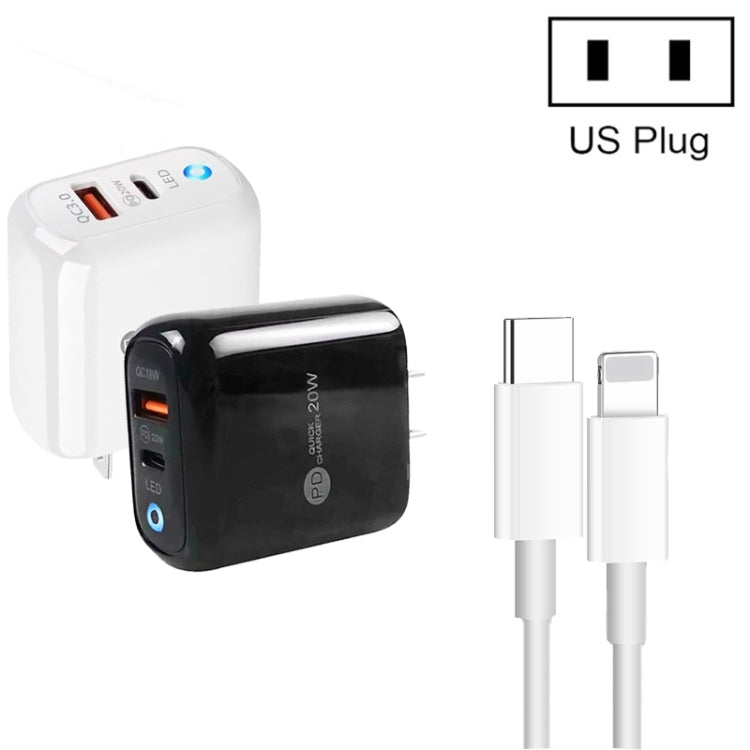 PD04 Type-C + USB Mobile Phone Charger with Type-C to 8 Pin Cable, US Plug(Black)